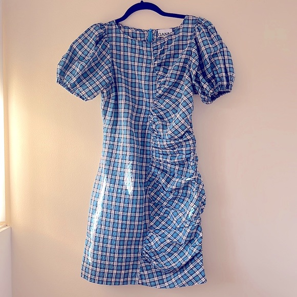 Ganni Dresses & Skirts - Ganni Check Ruched Seersucker Minidress